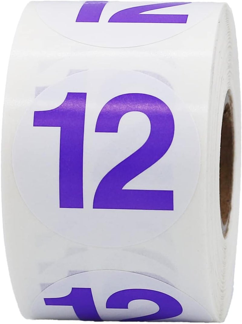 Purple Number 12 Circle Stickers, 1.5 Inches Round, 500 Labels on a Roll for Inventory, Classroom Organization, Shelving, and Storage Bins, Made in The USA